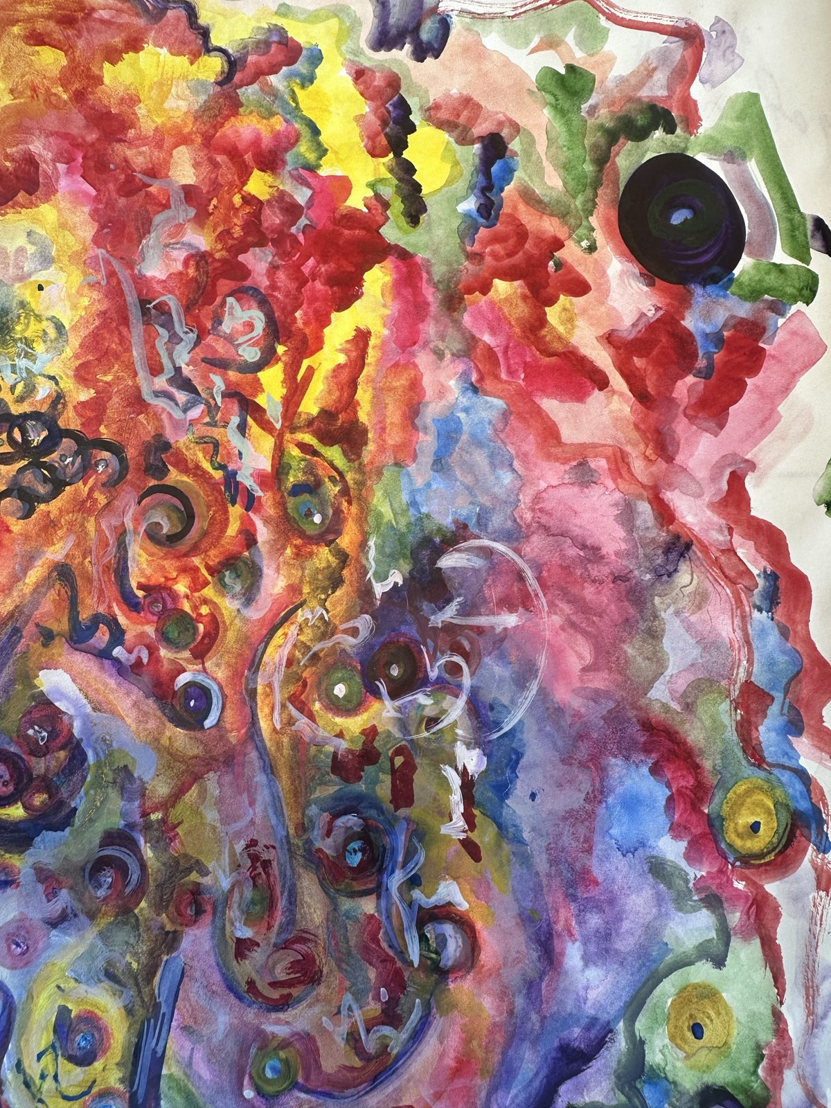 Farbenfrohes Aquarell mit Wellen, Kreisen und Punkten, gemalt von Isabella Mender